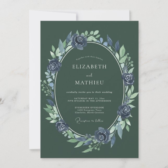 Convites Casamento com Eucalipto Folhagem Oliva Índigo (Frente)