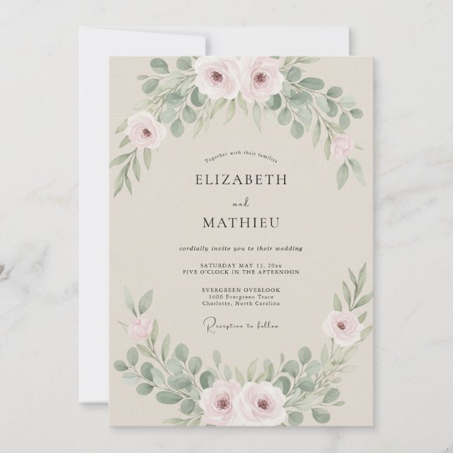 Convites Casamento com Eucalipto Folhagem Sage Blush (Frente)