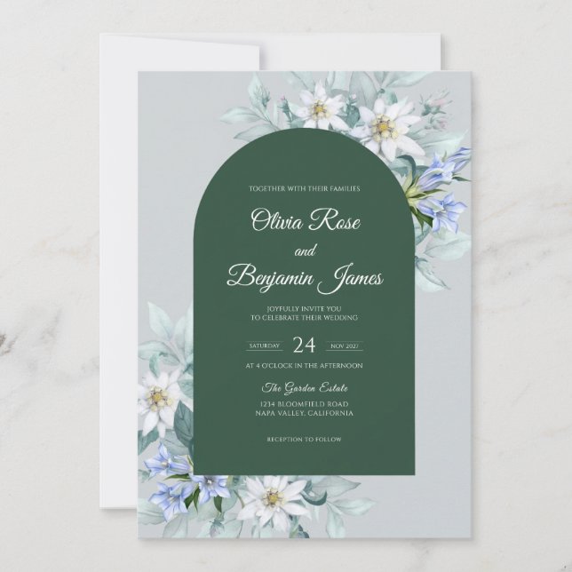 Convites Casamento com Eucalipto Margarida Verde Floresta (Frente)