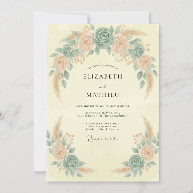 Convites Casamento com Eucalipto Pampas Apricot Seafoam (Frente)