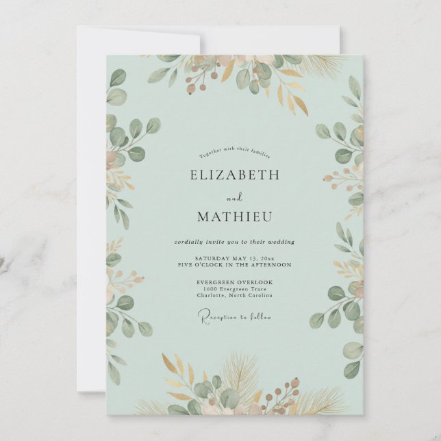 Convites Casamento com Eucalipto Pêssego Espuma do Mar (Frente)