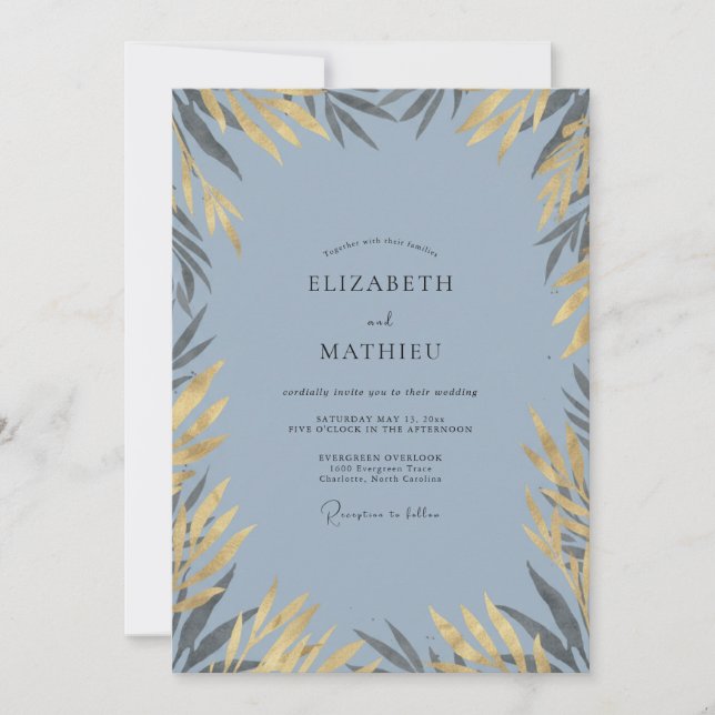 Convites Casamento com Eucalipto Salgueiro em Dourado e Ard (Frente)