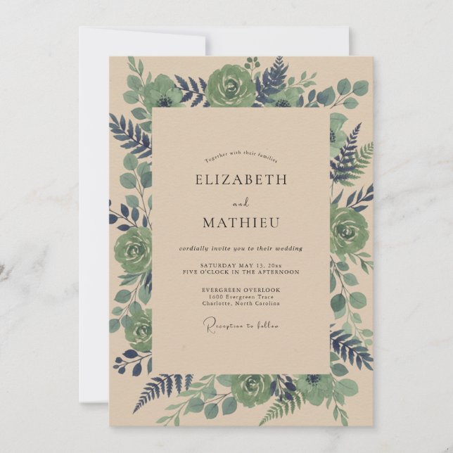 Convites Casamento com Eucalipto Suculento Oliva Azul (Frente)
