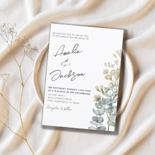 Convites Casamento com Eucalipto Verde Água em Aquarela Rús