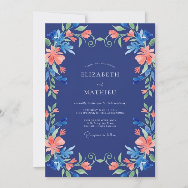 Convites Casamento com Explosão Floral Azul Marinho (Frente)