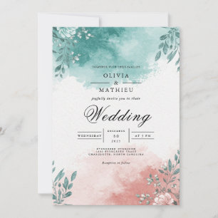 Convites Casamento com Explosão Floral Coral Teal