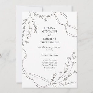 Convites Casamento com Faixa de Arte Minimalista e Flor Sil