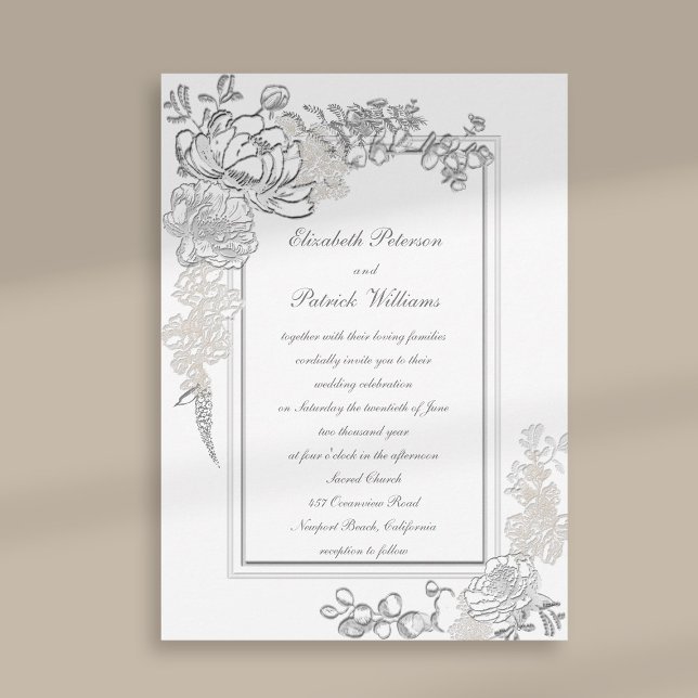 Convites Casamento com Faux Embossed Peony Ivory Calliograf (peony wedding invitation floral double frame formal traditional elegant calligraphy ivory classic)