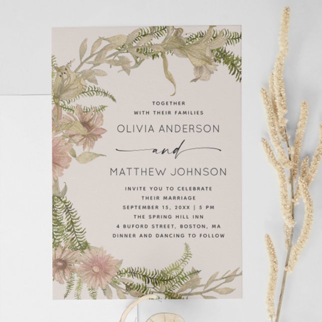 Convites Casamento com Fetos e Flores | Boho Soft Warm Taup (Criador carregado)