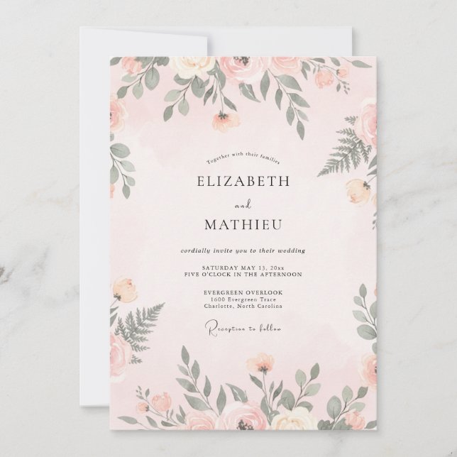 Convites Casamento com Fetos e Tons de Pêssego e Salvia (Frente)