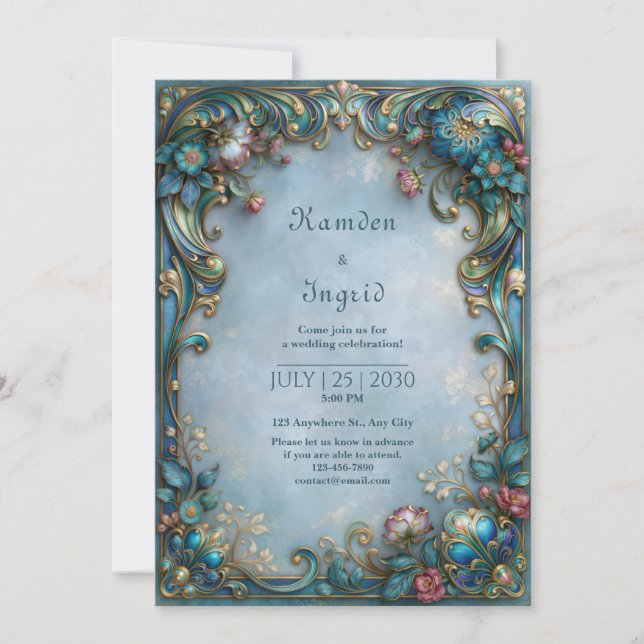 Convites Casamento com Filigrana Azul Nebuloso (Frente)