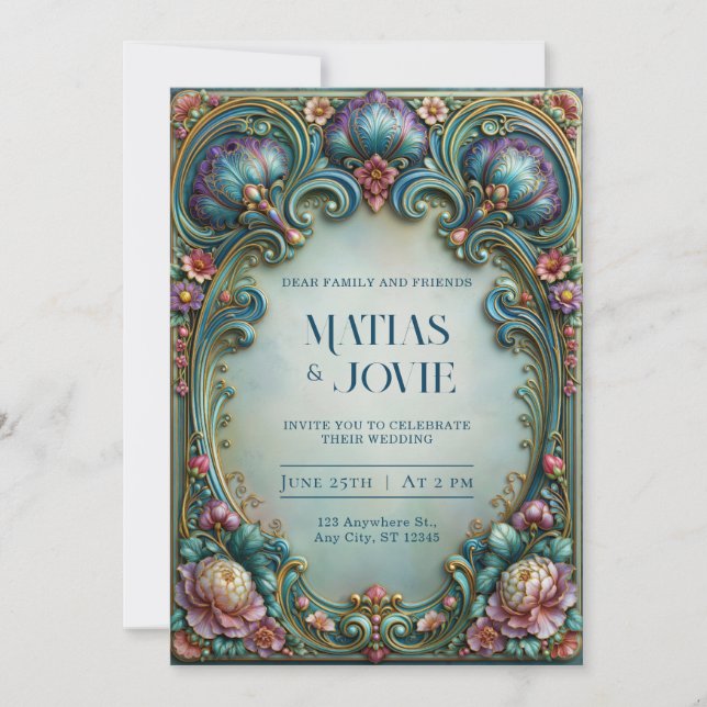 Convites Casamento com Filigrana de Ameixa Azul (Frente)