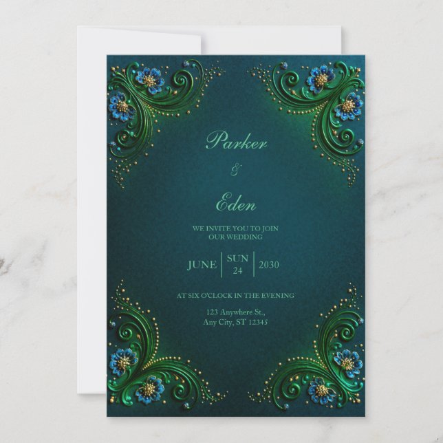 Convites Casamento com Filigrana de Esmeralda e Safira (Frente)