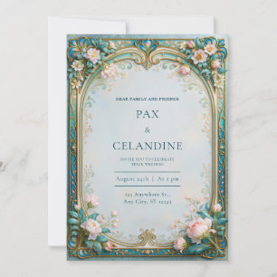 Convites Casamento com Filigrana de Peônia Rosa Teal