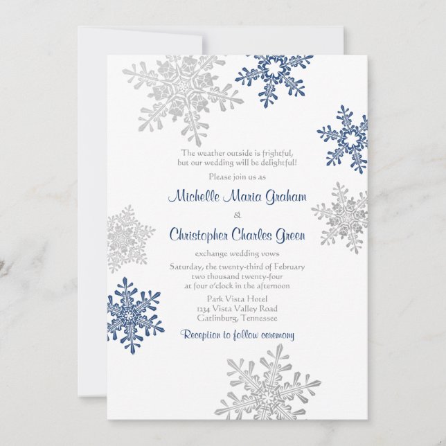 Convites Casamento com Floco de Neve de Inverno Azul Marinh (Frente)