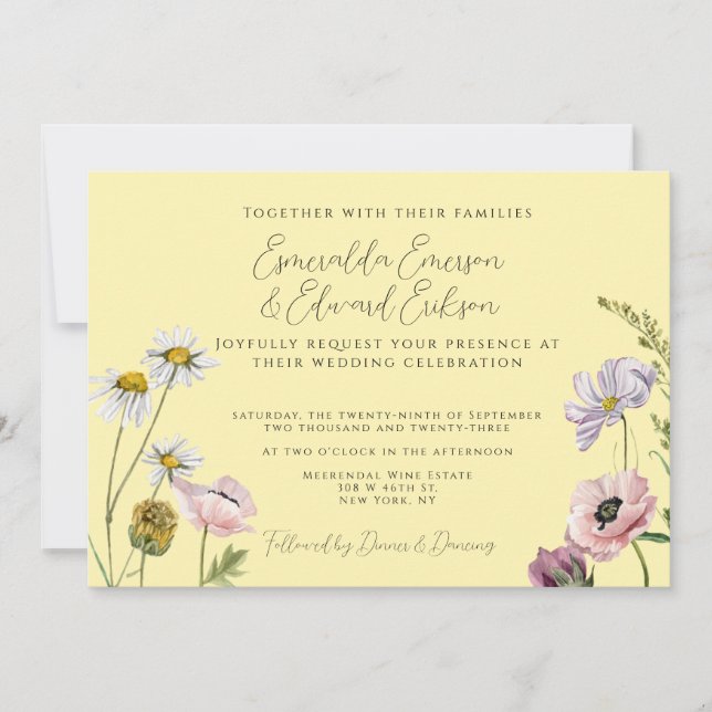 Convites Casamento com Flor Amarelo Simples Pastel (Frente)