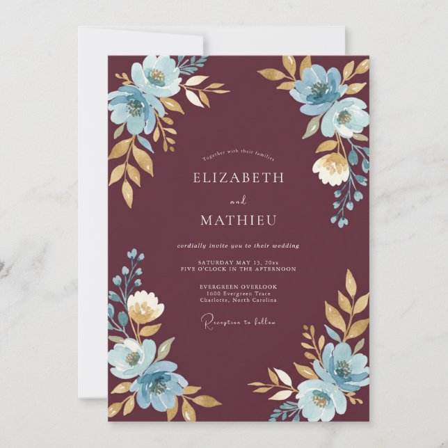 Convites Casamento com Flor de Água Marinho (Frente)