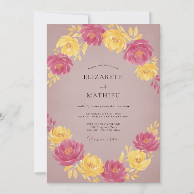 Convites Casamento com Flor de Amarelo Bege Suave (Frente)