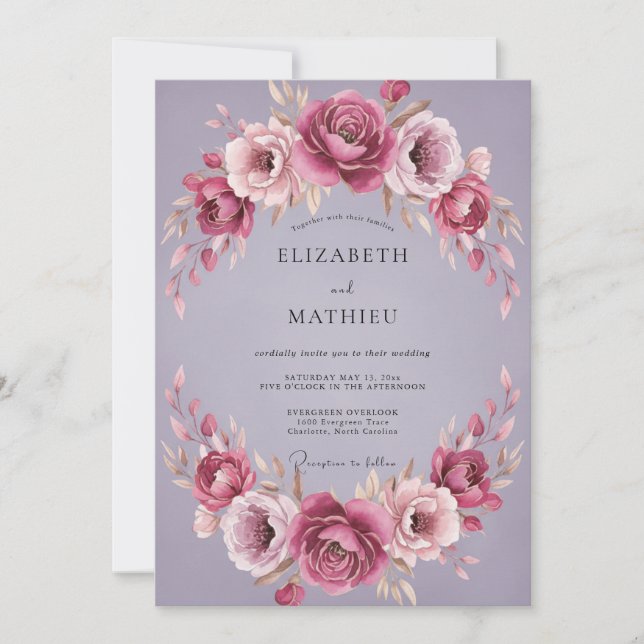 Convites Casamento com Flor de Âmbar Amethista Empoeirada (Frente)