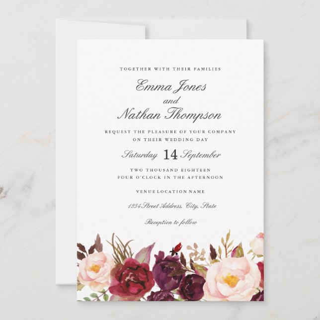 Convites Casamento com Flor de Aquarela Bege Borgonha (Frente)
