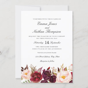 Convites Casamento com Flor de Aquarela Bege Borgonha