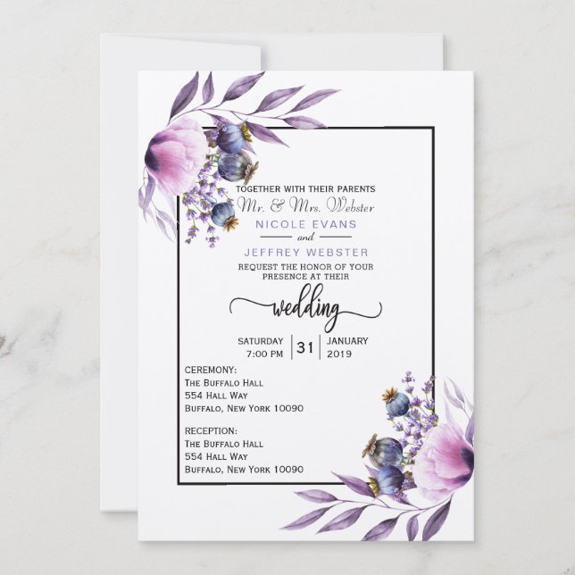 Convites Casamento com Flor de Aquarela com Lavanda Violeta (Frente)
