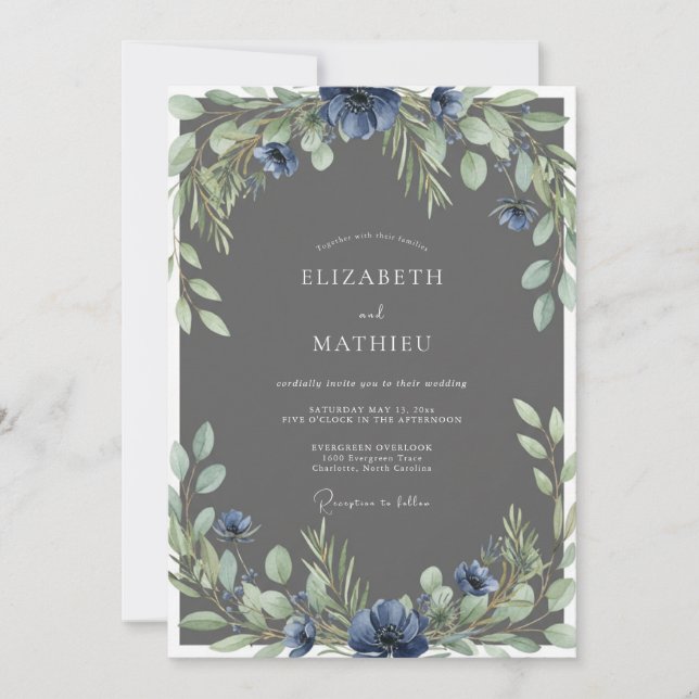 Convites Casamento com Flor de Ardósia de Aço (Frente)