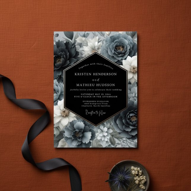Convites Casamento com Flor de Azul Ardesia Escuro (Criador carregado)