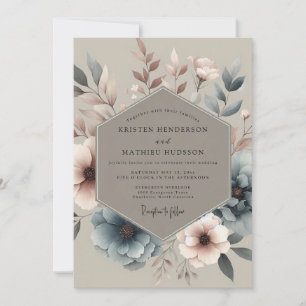 Convites Casamento com Flor de Azul Desbotado