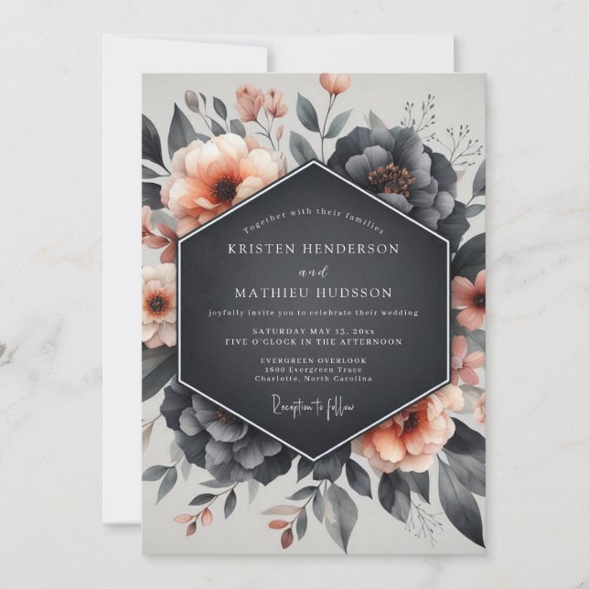 Convites Casamento com Flor de Azul Empoeirado (Frente)