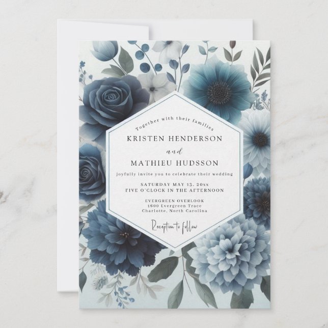 Convites Casamento com Flor de Azul Poético e Sombrio (Frente)