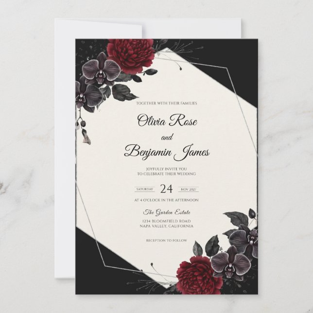 Convites Casamento com Flor de Bloom Carmesim Preto (Frente)