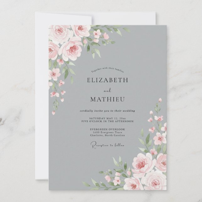 Convites Casamento com Flor de Blossom Prata Ardósia (Frente)