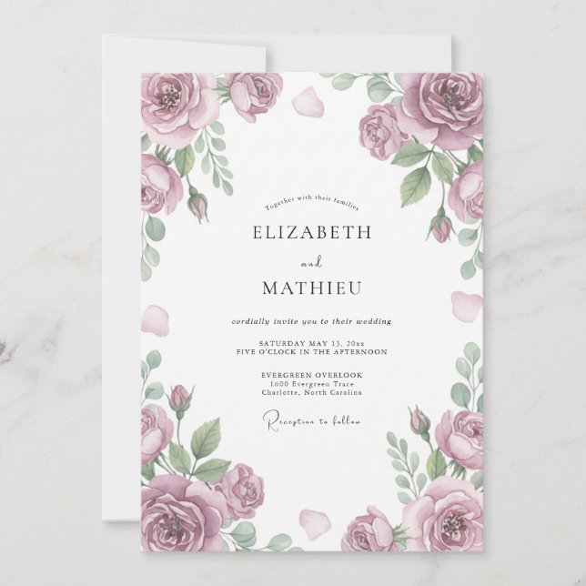 Convites Casamento com Flor de Blossom Rosa Poeira Suave (Frente)