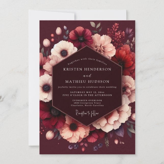Convites Casamento com Flor de Borgoña Dourada (Frente)