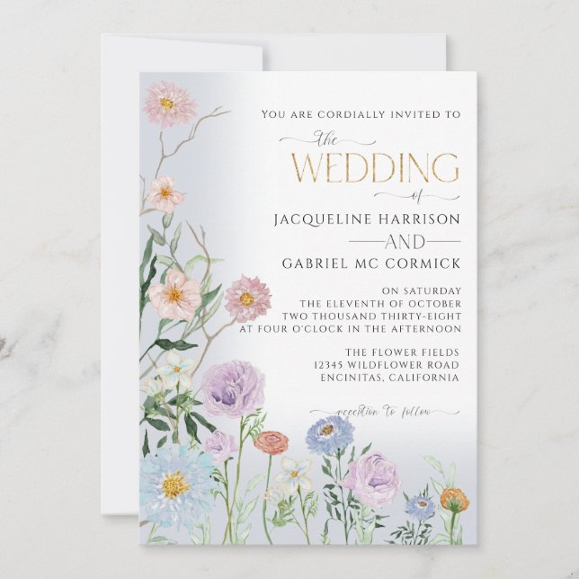 Convites Casamento com Flor de Campo Aquarela Elegante BOHO (Frente)