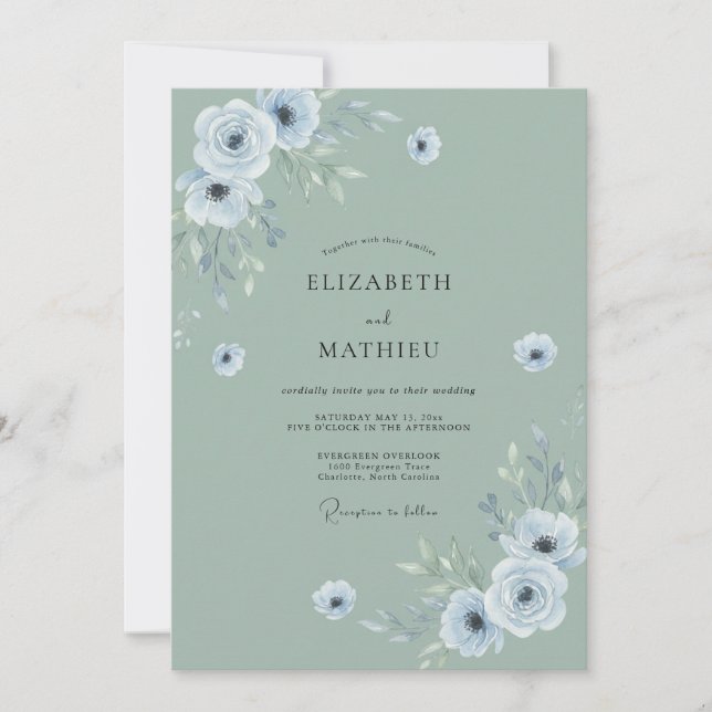 Convites Casamento com Flor de Celadão Empoeirado (Frente)