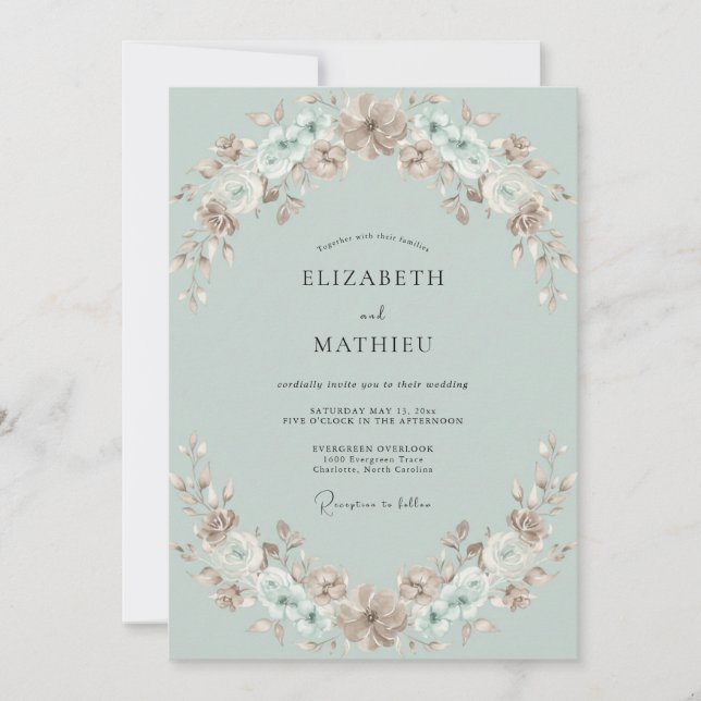 Convites Casamento com Flor de Celadon Pálido (Frente)