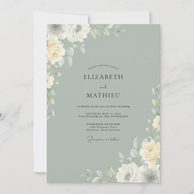 Convites Casamento com Flor de Celadon Suave (Frente)