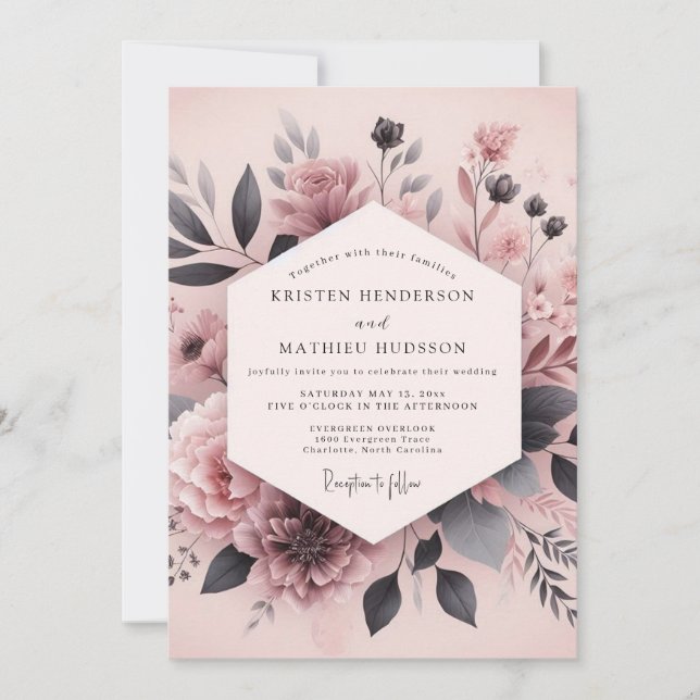 Convites Casamento com Flor de Cinza Rosa Pó (Frente)
