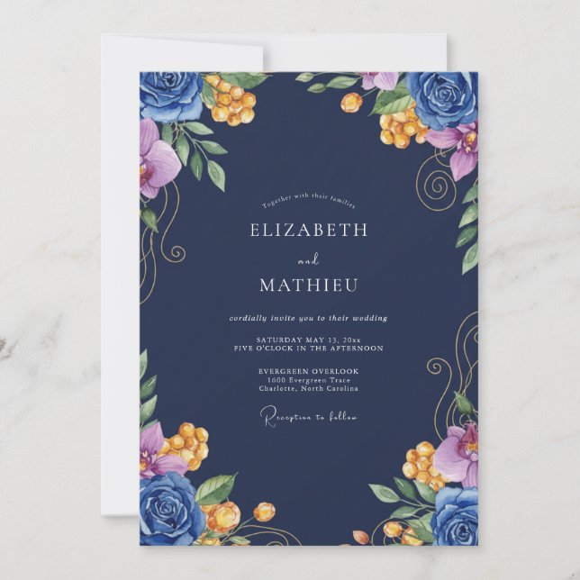 Convites Casamento com Flor de Cobalto Marinho (Frente)