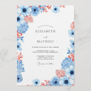 Convites Casamento com Flor de Coral Azul Empoeirado