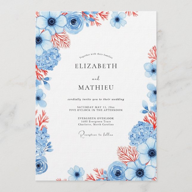 Convites Casamento com Flor de Coral Azul Empoeirado (Frente)