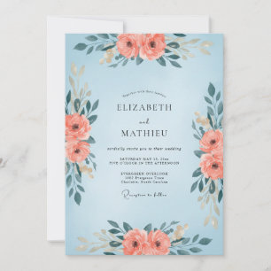 Convites Casamento com Flor de Coral Azul Pó