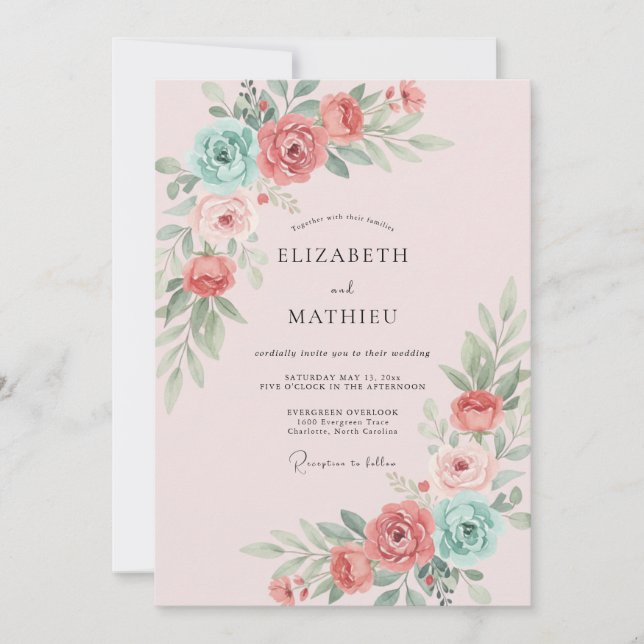Convites Casamento com Flor de Coral em Água Polvilhada (Frente)
