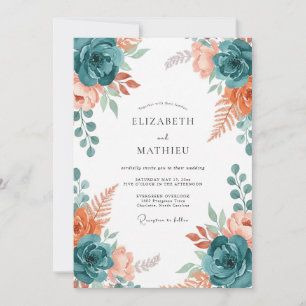 Convites Casamento com Flor de Coral em Poeira Teal