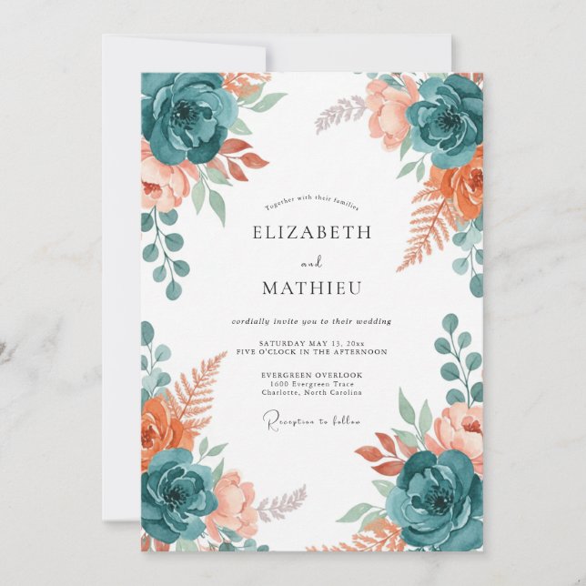 Convites Casamento com Flor de Coral em Poeira Teal (Frente)