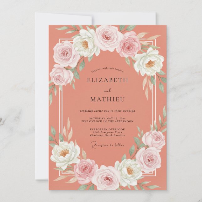 Convites Casamento com Flor de Coral Empoeirado (Frente)