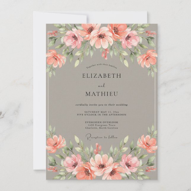 Convites Casamento com Flor de Coral Taupe (Frente)