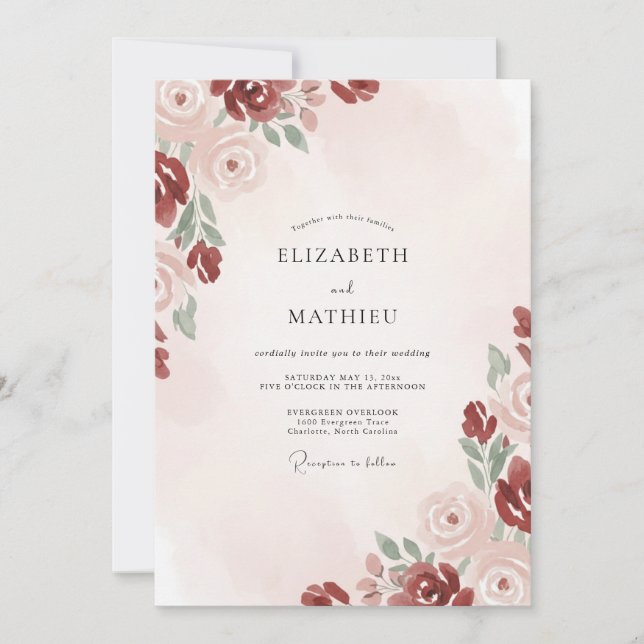 Convites Casamento com Flor de Crimson Blush (Frente)